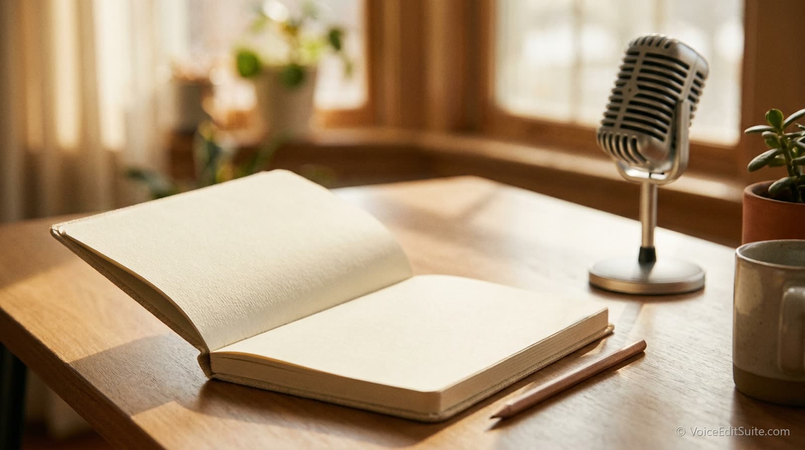 A blank notebook page and a pencil beside a microphone on a sunlit desk