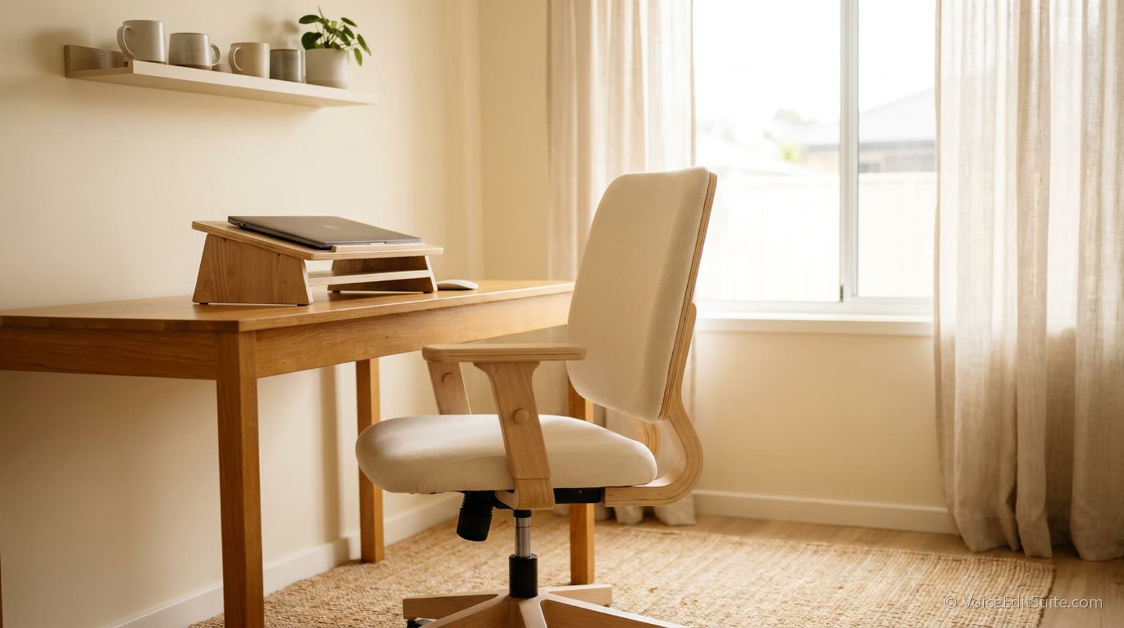 An adjustable desk chair and a raised laptop stand in a bright tidy room