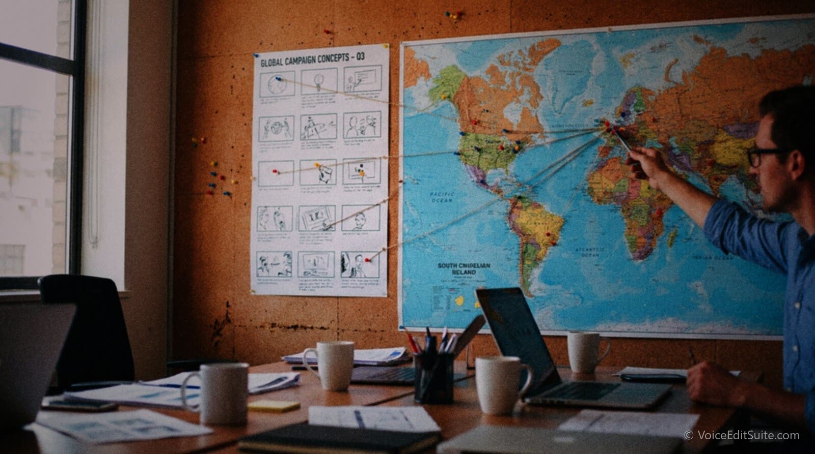 A world map on a wall with pins marking the countries where one commercial will air