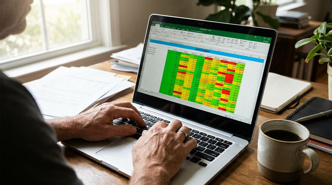 Hands at a laptop showing a spreadsheet of figures beside a coffee cup
