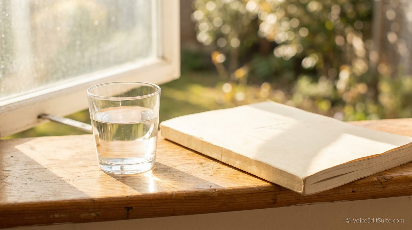A glass of water on a bright windowsill beside a closed script