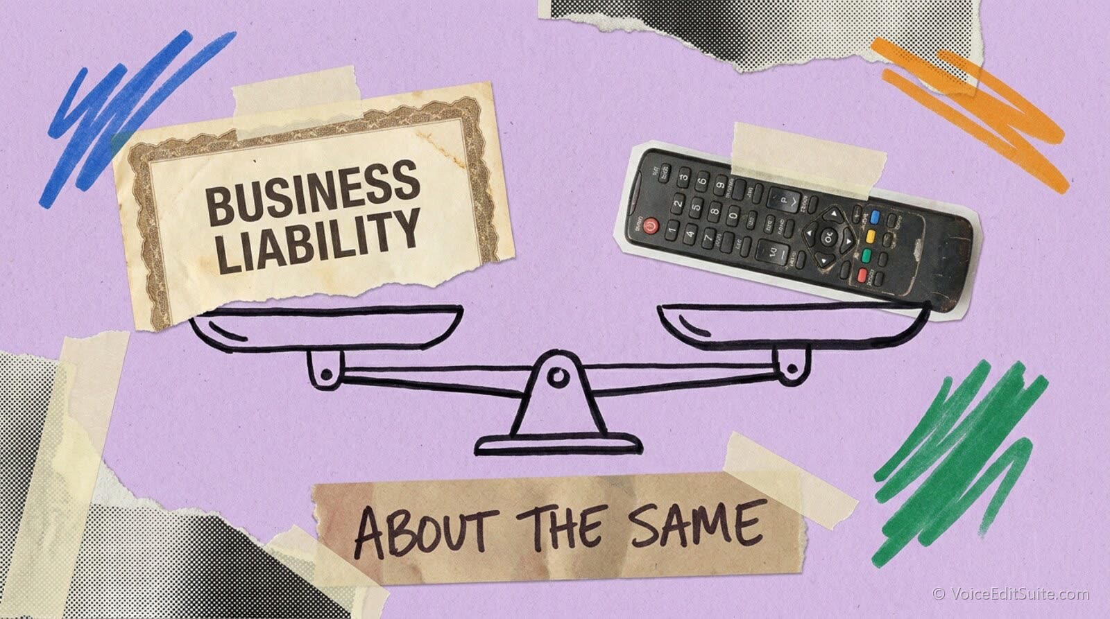 Collage of a business liability certificate and a TV remote balanced level on a set of scales