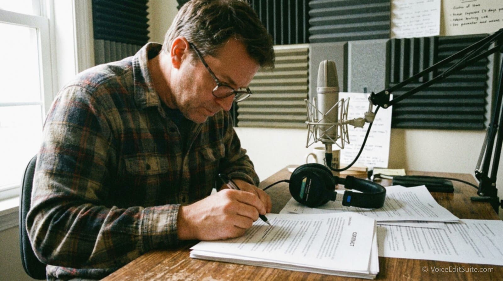 A voice actor at a home studio desk marking a clause on a printed contract with a pen, headphones and a microphone beside the pages