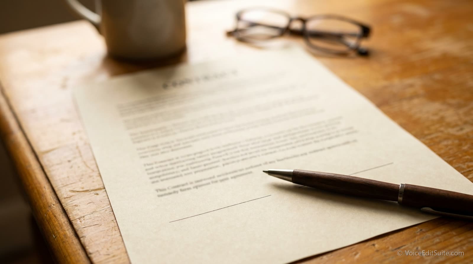 A printed contract with a pen resting on the signature line, bright daylight