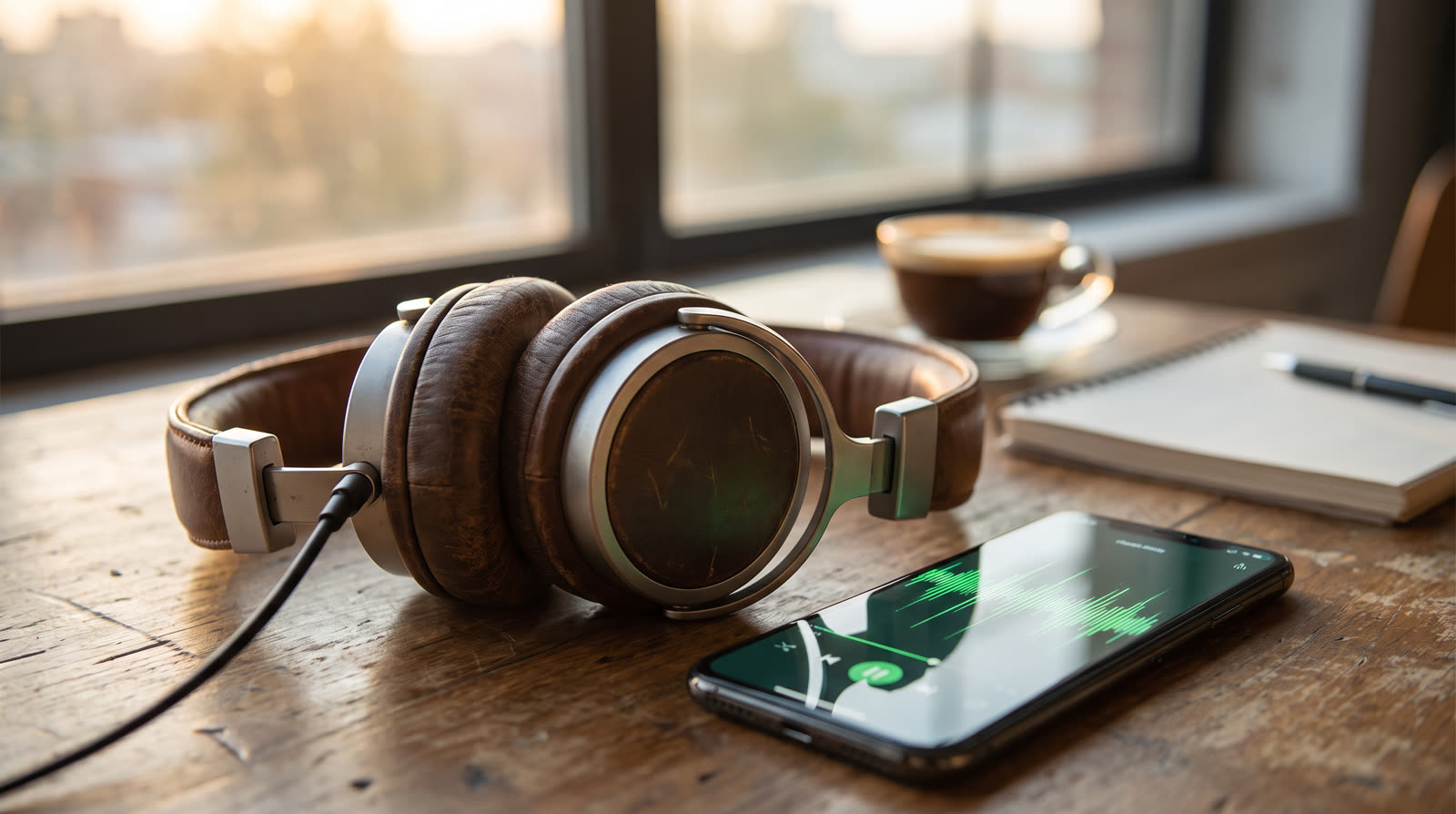Studio headphones on a wooden desk beside a phone showing an audio waveform, ready for a listen