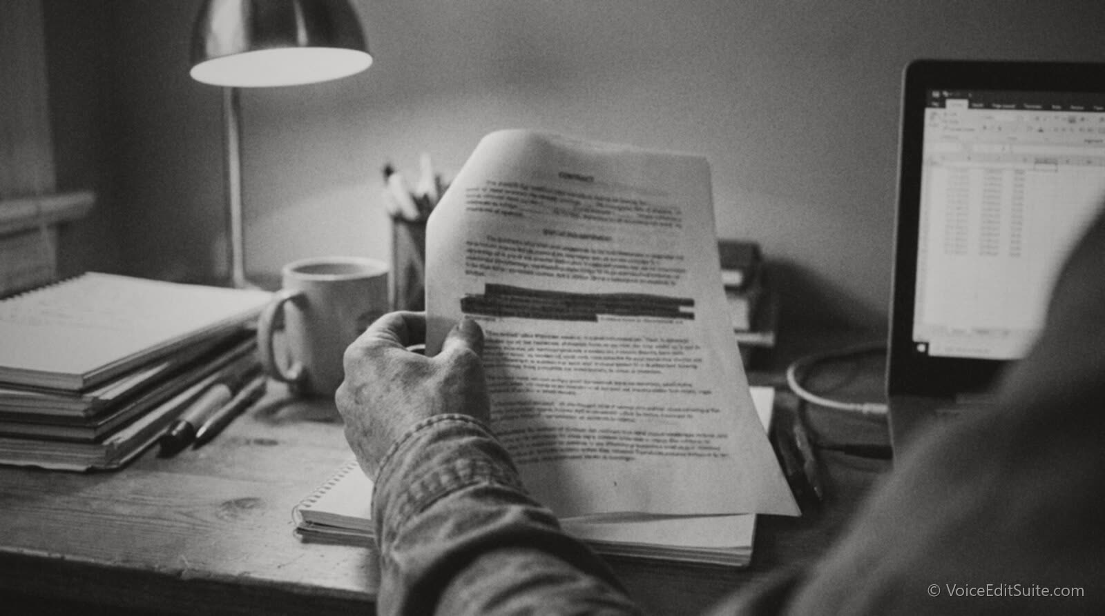 Close black and white detail shot of a hand holding a printed contract page with a single clause marked with a highlighter stripe, beside a laptop showing a long spreadsheet of short script lines