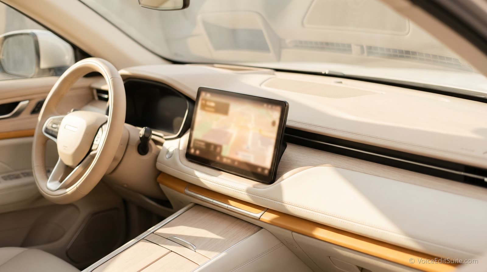 A car dashboard in bright daylight with a blurred navigation screen