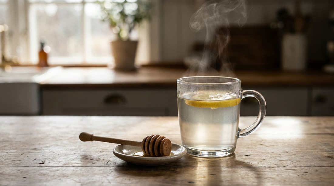 A glass mug of warm water with lemon and a honey dipper beside it in morning light