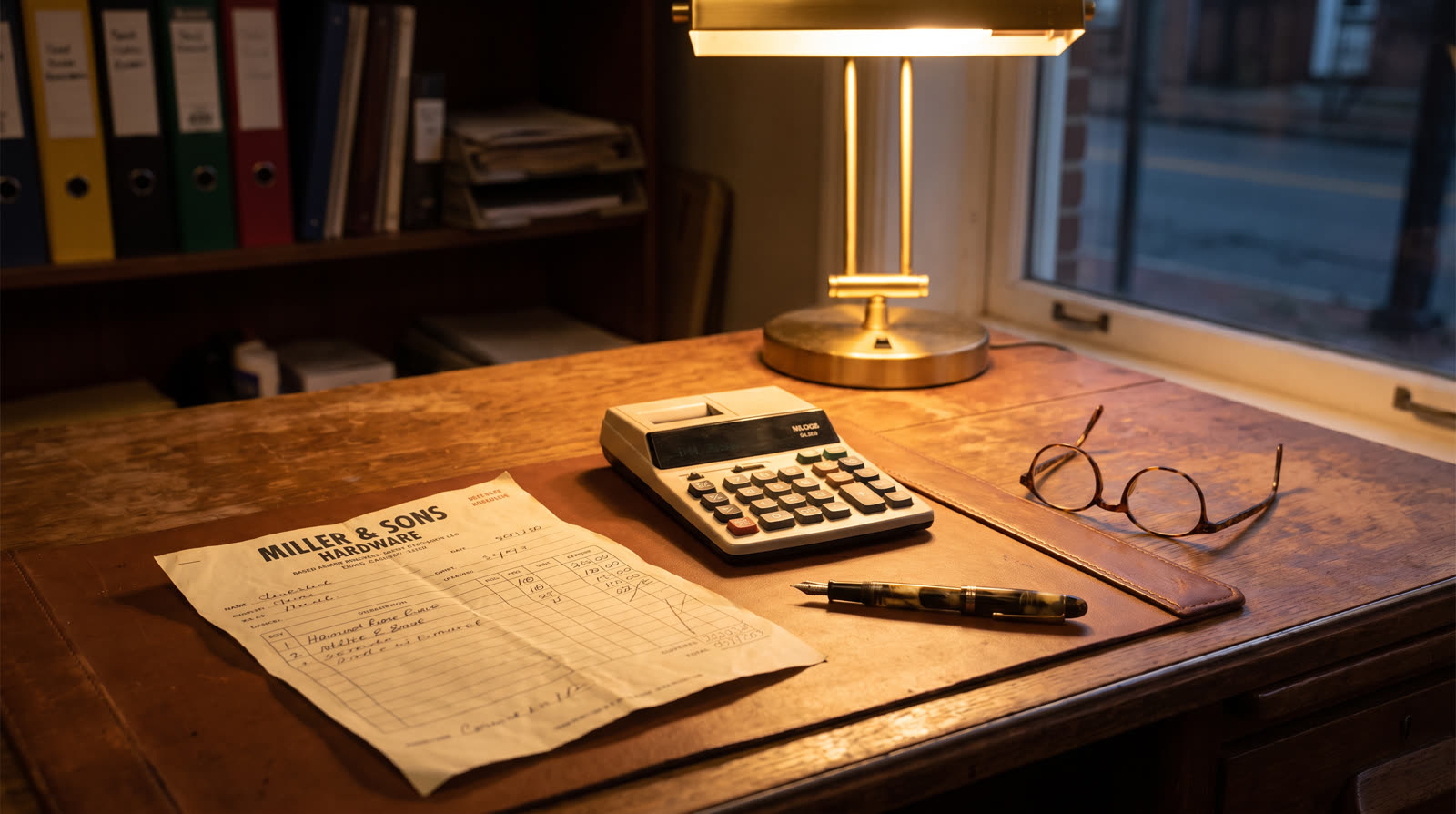 A desk with a paper invoice, calculator, fountain pen and reading glasses under warm lamp light