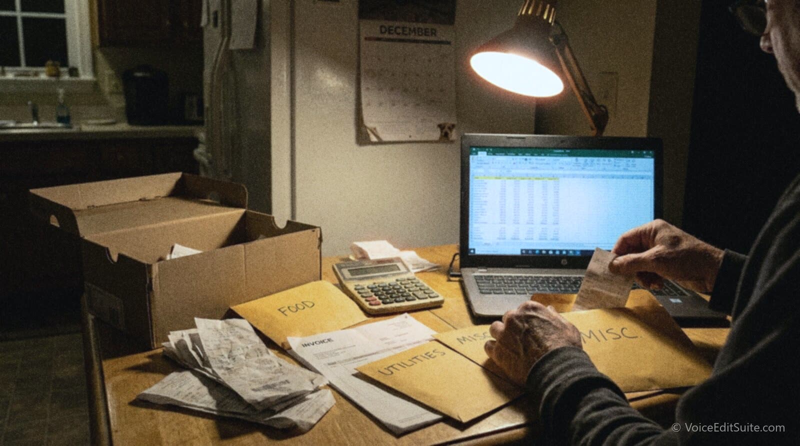A kitchen table at night covered in receipts, invoices and a laptop spreadsheet during year-end tax prep