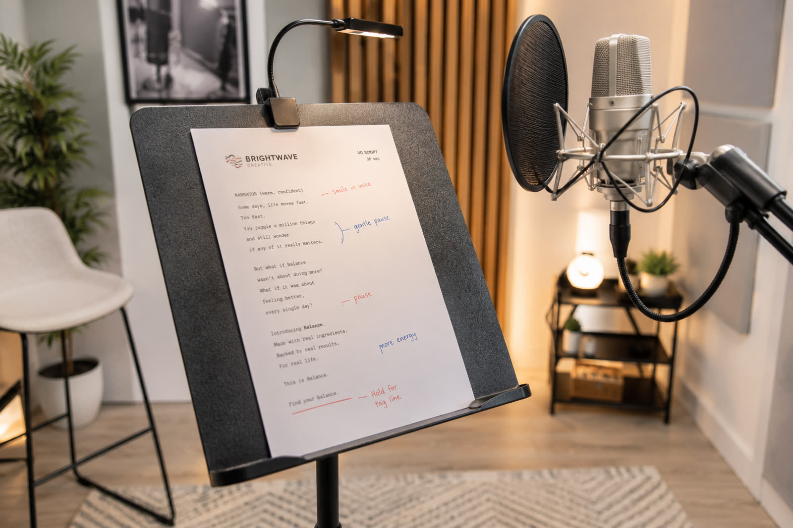 A printed script on a stand in a recording booth