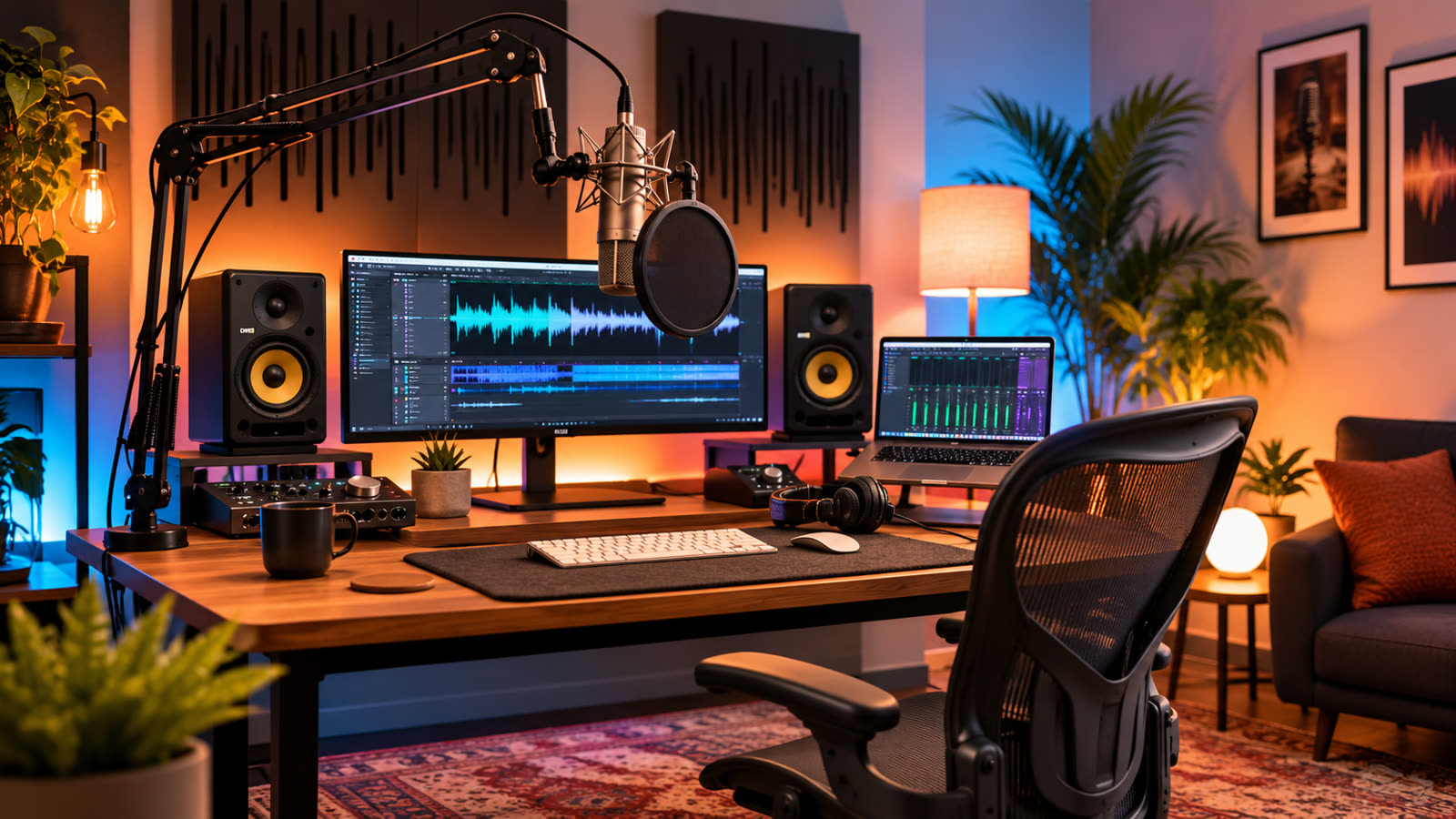 A home voice over studio desk with a microphone, audio interface, and acoustic treatment