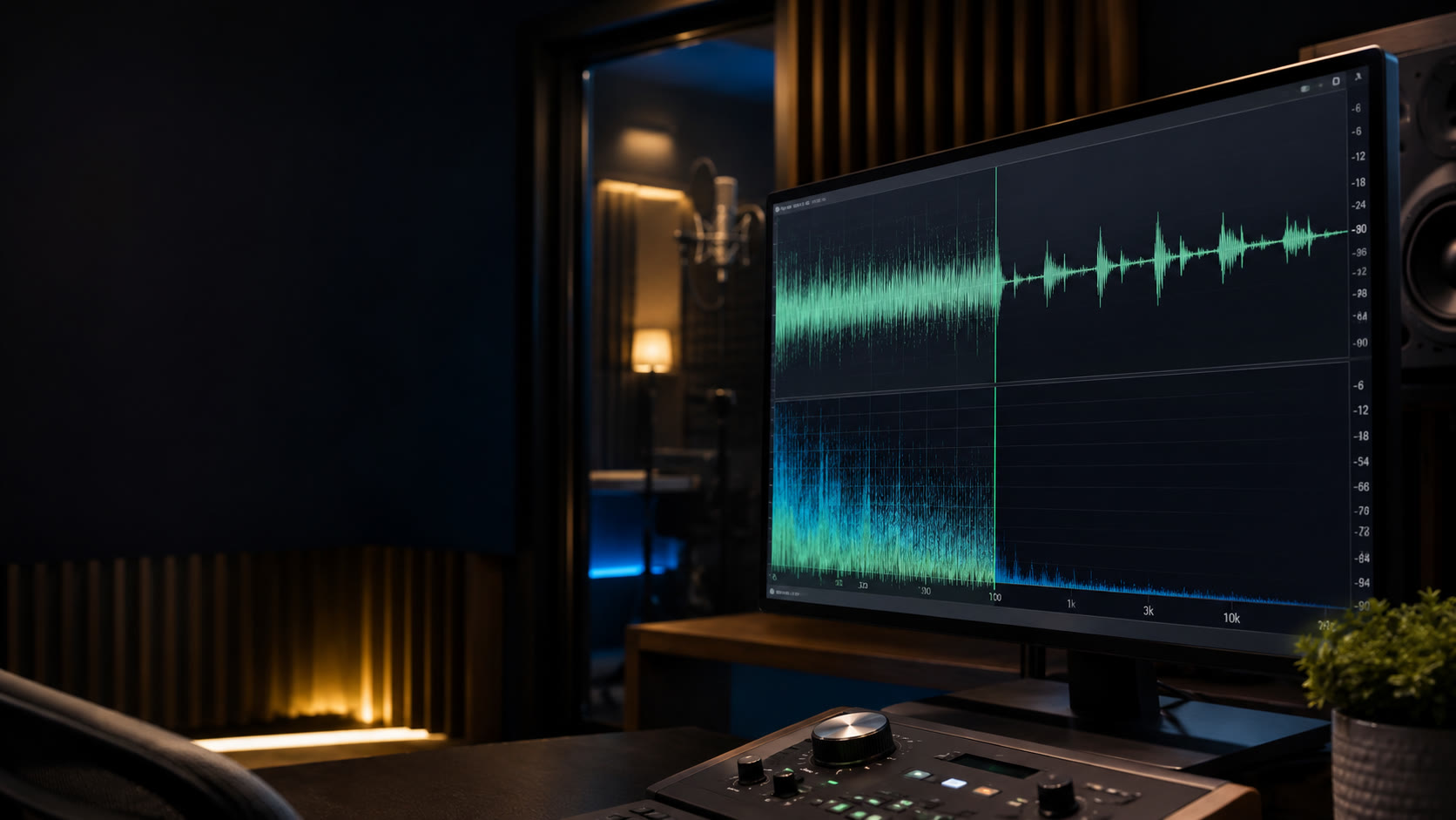 A studio monitor showing a waveform and loudness analysis in a dark recording room